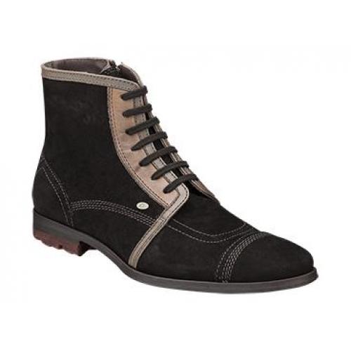 Bacco Bucci "Rocky" Black / Taupe Genuine Suede Italian Calfskin Lace-Up Boots With Side Zipper